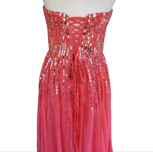 Jolene Stunning Coral Sequin Rhinestone Corset Back Strapless Gown Size 8 - Picture 5 of 7